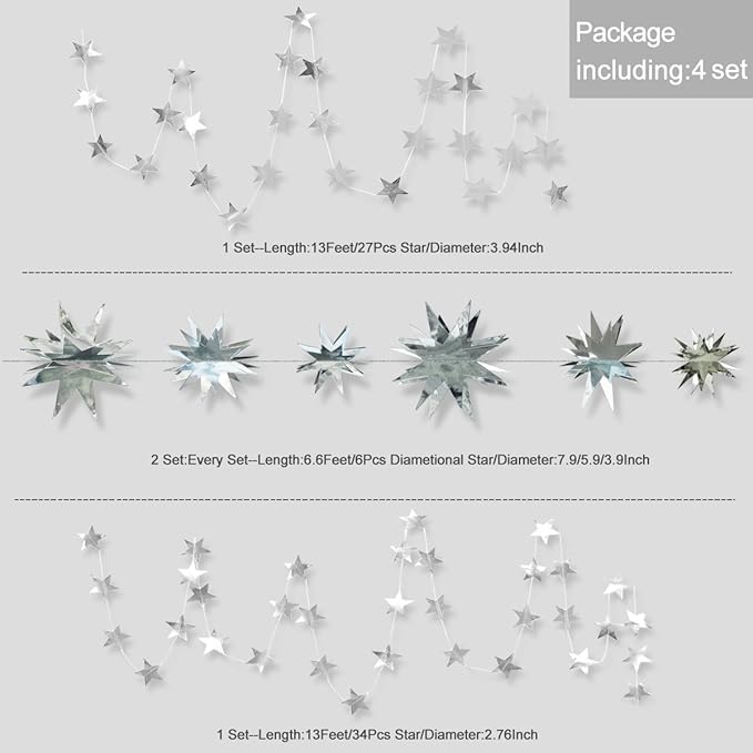 pinkblume Silver Star Garland Party Decorations Kit 3D Stars Metallic Bunting Banner for Holiday Xmas Birthday Wedding Baby Shower Hanging Decorations for Christmas Nursery Decor Clearance(4 Set)
