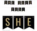 Andaz Press Faux Gold Glitter on Black Wedding Party Banner Decorations, She Said Yes!, Approx 5-Feet, 1-Set, Colored Hanging Pennant Decor