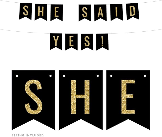 Andaz Press Faux Gold Glitter on Black Wedding Party Banner Decorations, She Said Yes!, Approx 5-Feet, 1-Set, Colored Hanging Pennant Decor