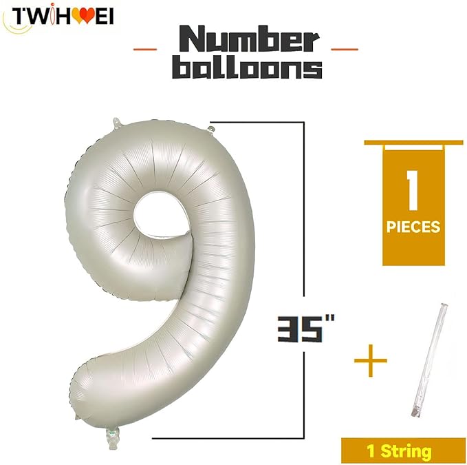Number 9 Balloons White Sand Nine Balloon for 9 Year Old Birthday Decorations 40 Inches Cream White Large Numbers 9th Birthday Party Nude Ballons Beige 9 Digital Neutral Balloon Pearl White 9