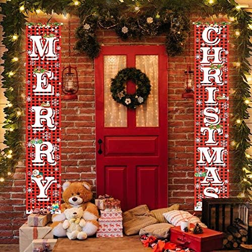 FECEDY Merry Christmas Hanging Banner Porch Sign with Pattern Christmas Tree Presents Snow Banner for Home Yard Indoor Outdoor Wall Door Christmas Party Decorations 72"x12"