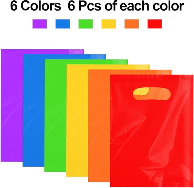 36 PCS Plastic Party Favor Small Gift Bags, 6"x8" Goodie Bags for Kids, Candy Treat Pouches Bulk with Handle for Kids' Birthday Party, Thanksgiving, Christmas, Halloween, 6 Colors