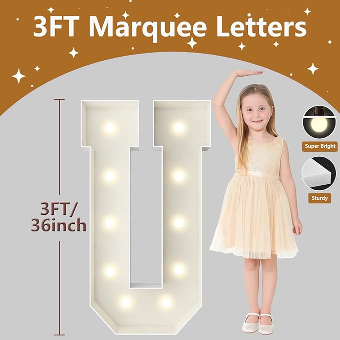 3FT Marquee Light Up Letters, Large Marquee Letters, Pre-cut Foam Board Letter U for Engagement Wedding Decorations Birthday Party Backdrop Decor, Balloon Arch Kit