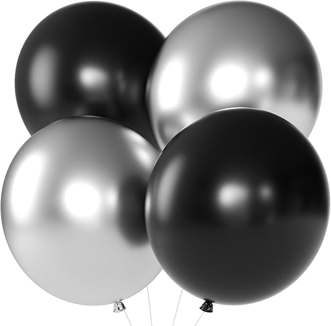 KALOR Metallic Silver and Black Giant Balloons 36 Inch Large Latex Balloons, 4 Pack Jumbo Round Helium Balloon for Birthday Bridal Shower Wedding Baby Shower Party Decorations