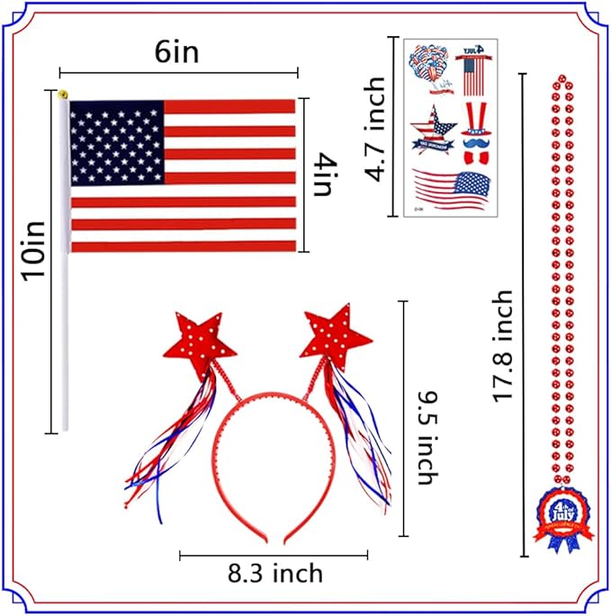 UMEELR 104 Pcs Patriotic Party Supplies, 4th of July Accessories with Necklaces Headbands Flags Tattoo Stickers for Independence Day Celebration Decorations