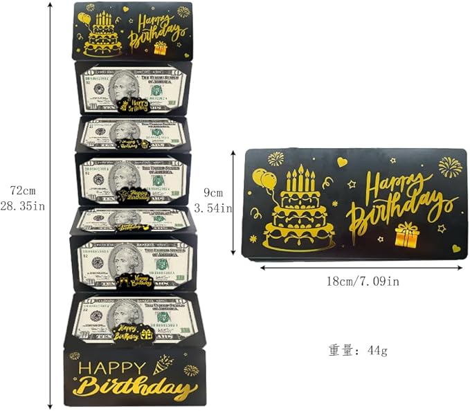 Black Gold Happy Birthday Envelope for Cash, DIY Money Holder with 6 Slots for Cash, Surprise Card Holder for Birthday, Money Gift Card for Men Women