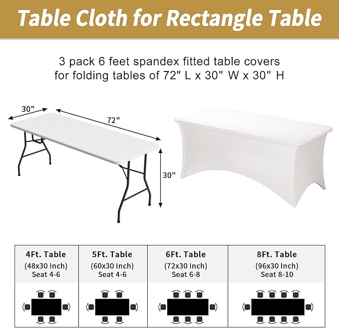 Fixwal 3 Pack Pearl White Table Cloths Rectangle 6FT, Tablecloths Rectangular Stretch Spandex Fitted Table Covers 6Ft for Parties, Trade Shows, Banquet, Weddings, Buffet, Graduation Decorations