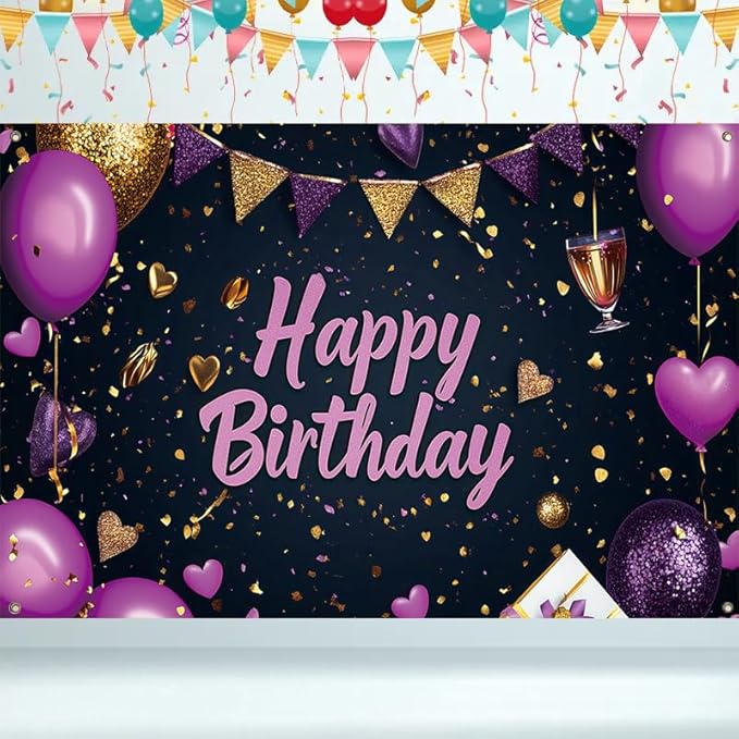 71x43 in Purple and Gold Birthday Party Backdrop, Happy Birthday Banner Decoration, Balloon Party Photography Backdrop, Suitable for Children, Adults, Girls, Ladies, Birthday Party Photo Setup Supplies
