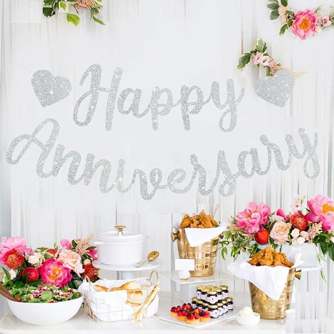 BEISHIDA Silver Happy Anniversary Banner, Pre-Strung - Glitter Happy Anniversary Banner，NO DIY - Silver Glitter Garland Sign for Wedding Party Decorations & Decor