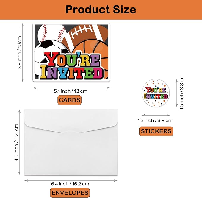 REWIDPARTY Sports Party Invitations with Envelopes & Stickers（Set of 15） Shaped Fill-in Invitations Birthday Party Supplies for Football Soccer Baseball Basketball Party Celebration Cards for Kids
