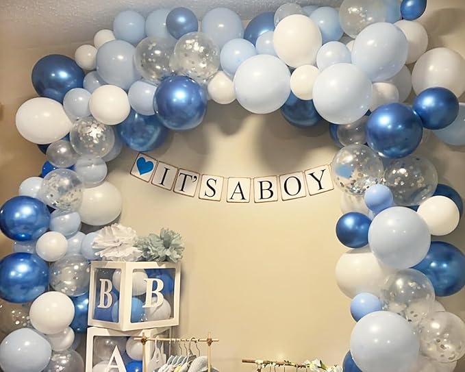 Blue Balloon Arch Kit Garland, Baby Blue Balloons White Silver Confetti Balloons for Boy Baby Shower Decorations Birthday Gender Reveal Bridal Shower Wedding Graduation Ocean Party Decorations