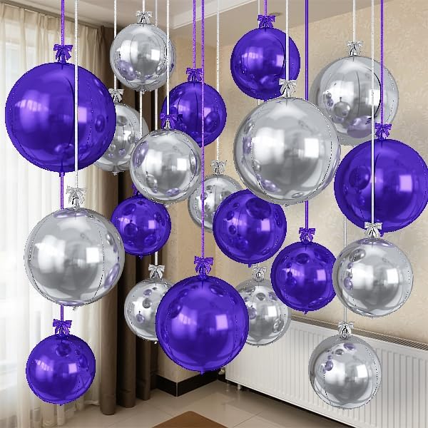 Togvu Purple Silver Round Foil Balloons, 16PCS Different Sizes 4D Metallic Balloon Large Sphere Mirror Ball Balloons for Prom Graduation New Year Birthday Party Ceiling Decorations Supplies