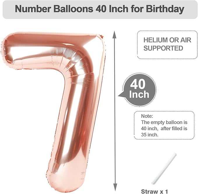 7 Birthday Balloon Rose Gold Number, 17th Birthday Decorations For boys And Girls, 40 Inch Big Balloons for 7, 17, 27, 70 Birthday, Wedding Anniversary, Christmas, New Year, Halloween Party Decor
