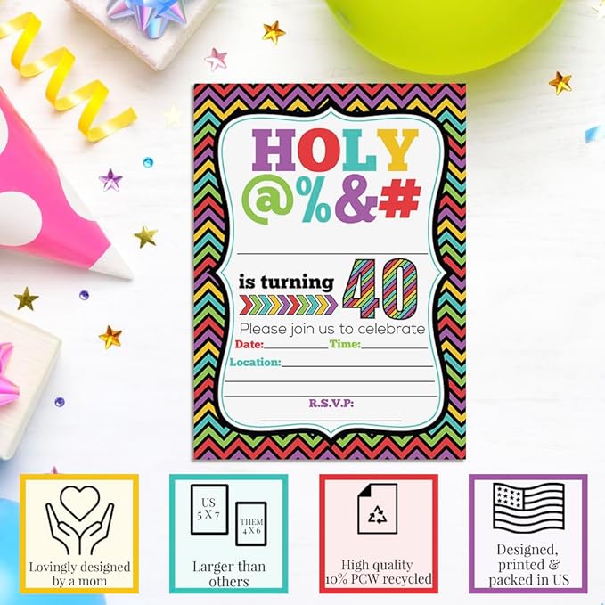 Funny “Holy @%” 40th Birthday Party Theme 20 Invitations 5x7 Fill-In Cards with Envelopes, Adult Humor Design for Milestone Birthday Celebration, Made in USA by Amanda Creation