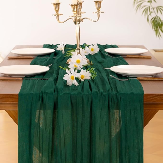Socomi 6pcs Emerald Green Cheesecloth Table Runner Easter Spring Boho Rustic Gauze 120 inch 10FT Cheese Cloth Runner for Wedding Party Baby Shower Birthday Home Decor Holiday Decorations