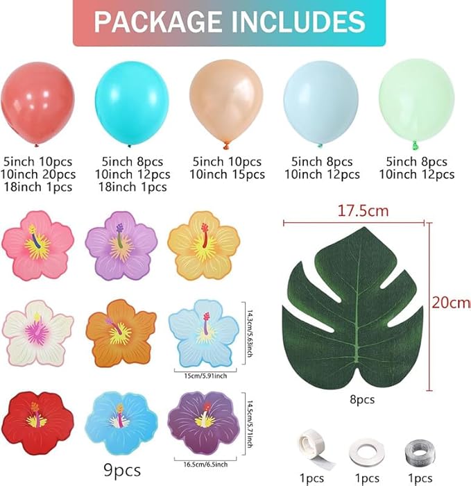 137pcs Moana Birthday Party Supplies, Aqua Blue Coral Pearl Champagne Gold Latex Balloons with Summer Hibiscus Stickers for Tropical Hawaii Luau Tiki Magic Theme Party Supplies