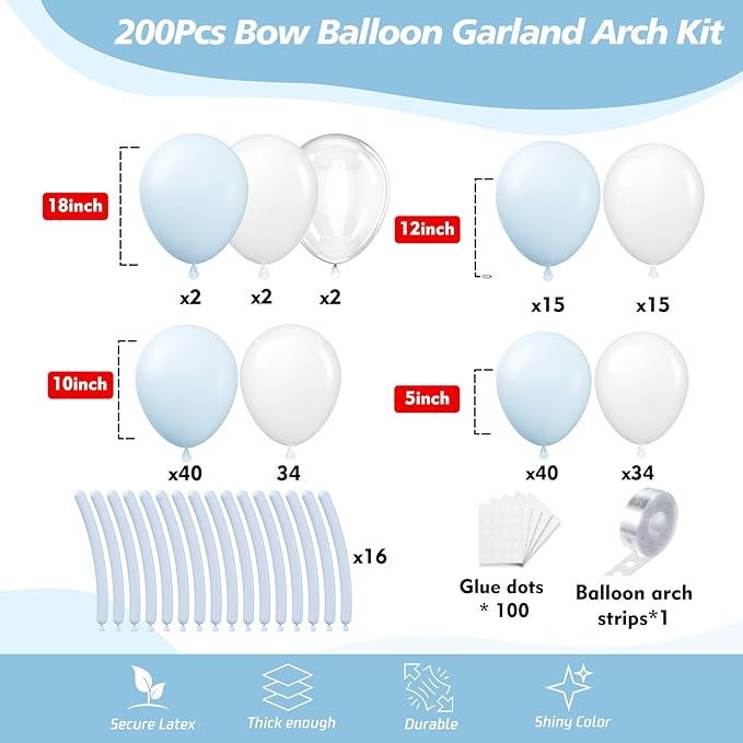 200Pcs Blue and White Balloon Garland Arch Kit - Light Blue White Balloons 18 12 10 5 Inch Different Size Balloons for Birthday Baby Shower Bachelorette Gender Reveal Party Decoration Supplies