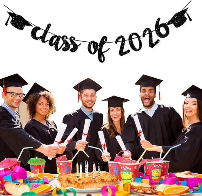 Class of 2026 Graduation Banners Party Decorations, Black Glitter Graduation Banners Garland for Congratulation Graduations Party Supplies, School, Home, Car Decorations