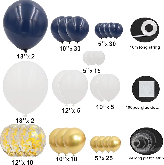 Navy Blue and Gold Balloons Garland Arch Kit-134pcs Navy Blue Gold White and Confetti Balloons in Different Sizes for New Year Graduation Baby Shower Wedding Anniversary Birthday Party Decorations
