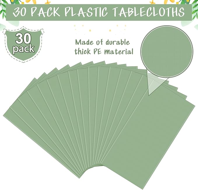 30Pack Sage Green Plastic Tablecloths for Rectangle Tables, Light Green Disposable Tablecloth, Waterproof Sage Green Table Cover for Birthday Bridal Wedding Baby Shower Party Decorations, 54 X 108Inch