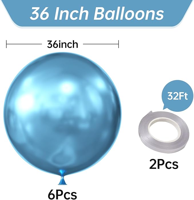 KALOR 36 Inch Giant Metallic Blue Balloons, 6 Pack Large Round Blue Latex Balloons for Anniversary, Birthday, Christmas, Wedding, Baby Shower Party Decorations