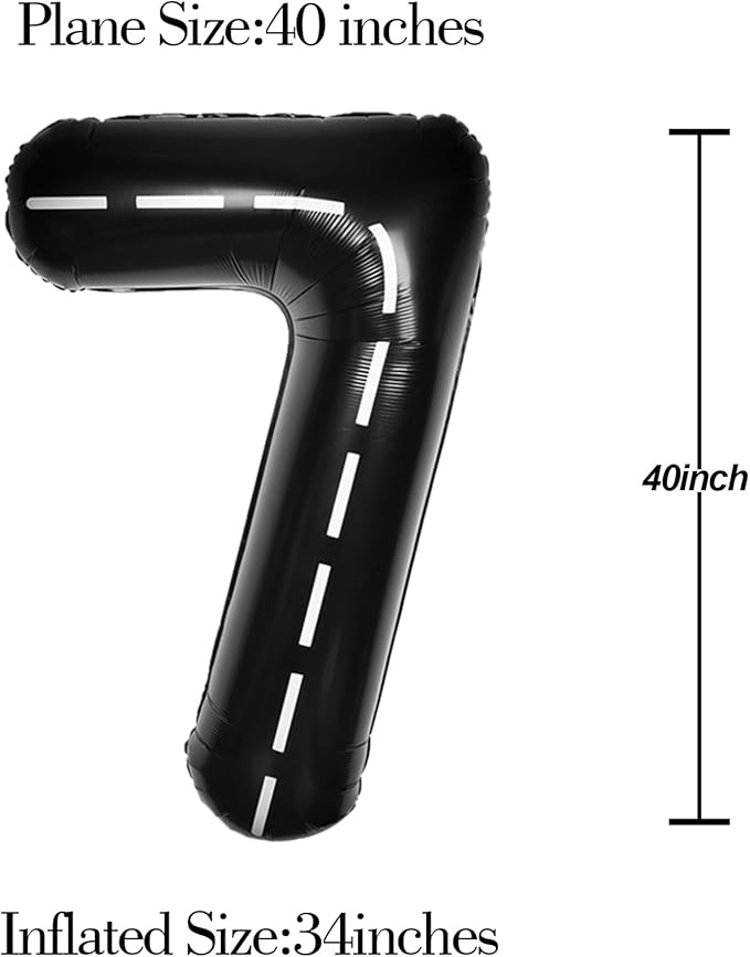 Race Car 40Inch Black 7 Balloon Number Large Helium Race Track 0-9 Giant Digital 7th Foil Mylar Big Party Number Balloons for Boy Birthday Car Theme Party Anniversary Graduation Decorations
