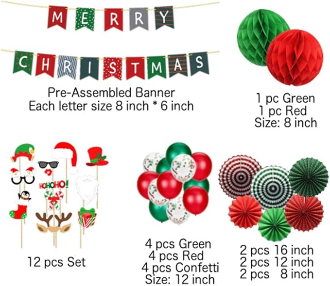 Christmas Party Decorations Kit - Set Includes Merry Christmas Banner Paper Fans Honeycomb Balls Xmas Photo Booth Props Confetti Balloons Red Green Latex Balloons String for Indoors Office Home Decors