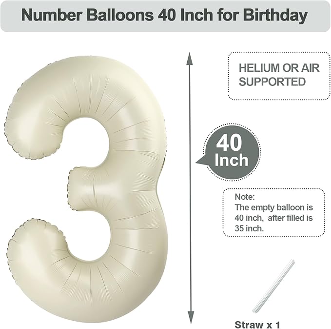 Numbers Balloons, 40 Inch 3 Balloon for Birthday Party Decoration, Cream Number 3 Ballon for 3, 13, 23, 30 Celebration, Boy and Girl Birthday, Christmas, Anniversary Decor