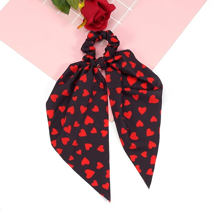 Valentines Hair Ties for Woman Girls Red Heart XOXO Ribbon Valentine's Day Hair Scrunchies Elastic Pink Love Hair Tie Party Supplies Hair Accessories 2PCS