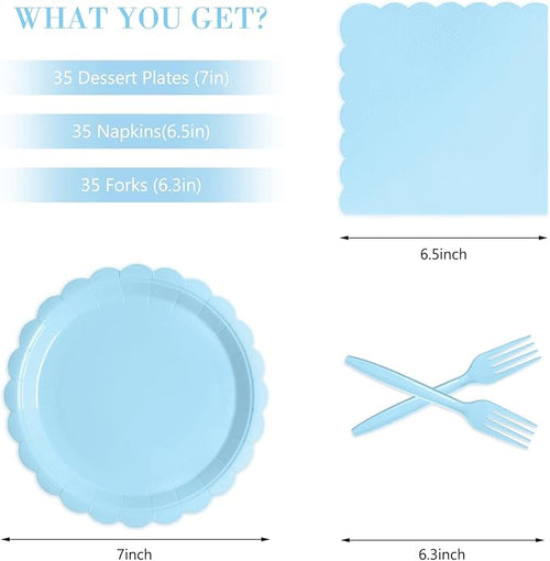 105PCS Paper Plates and Napkins Set,7 Inch Scalloped Disposable Tableware with Forks for Birthdays, Garden Parties & Outdoor Events,Serves 35 (Light Blue)