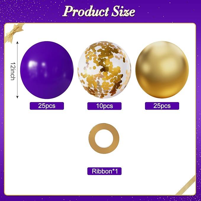Purple and Gold Balloons, 60Pcs 12Inch Purple Gold Balloons with Gold Confetti Balloons for Wedding Graduation Birthday Party Baby Shower Decorations