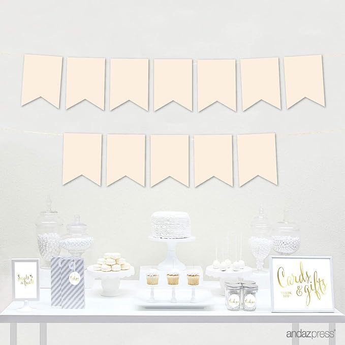 Andaz Press Hanging Pennant Banner with String, Ivory, 1-Set, 24 Pennants, Approx. 12-Feet Long