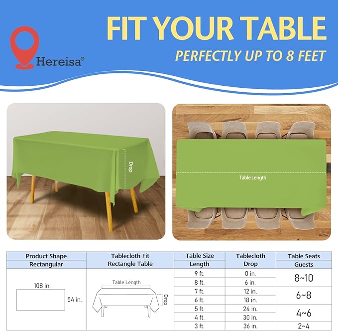 8-Count Light Green Disposable Plastic Tablecloths Rectangle 54x108 Inch - Extra Long Waterproof Banquet Table Covers for Parties & Catering