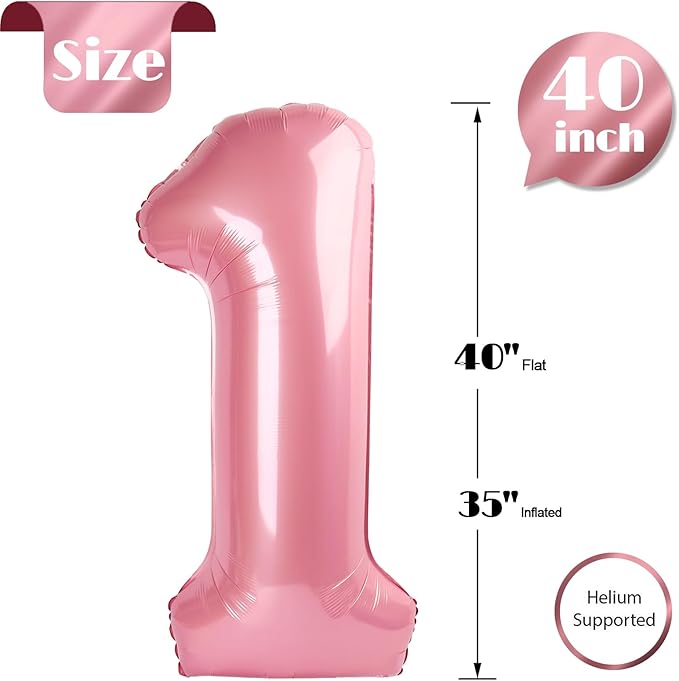 Pearlescent Pink Number 1 Balloon 40 Inch, 1st Birthday Balloon for Baby Boy Girl Toddler First Birthday Decorations, Shiny Pearlescent Pink Party Supplies