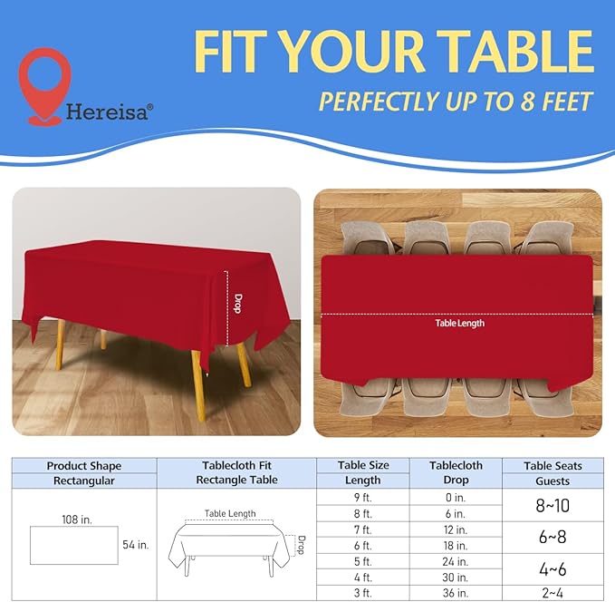 8-Count Red Disposable Plastic Tablecloths Rectangle 54x108 Inch - Extra Long Waterproof Banquet Table Covers for Parties & Catering