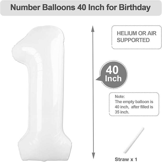 One Balloons for 1st Birthday, 40 Inch White Balloons for Birthday Party Decoration, Big Number Ballon for 1, 10, 11, 12, 13, 14, 100 Celebration, Boy and Girl, Baby Shower, Anniversary Decor