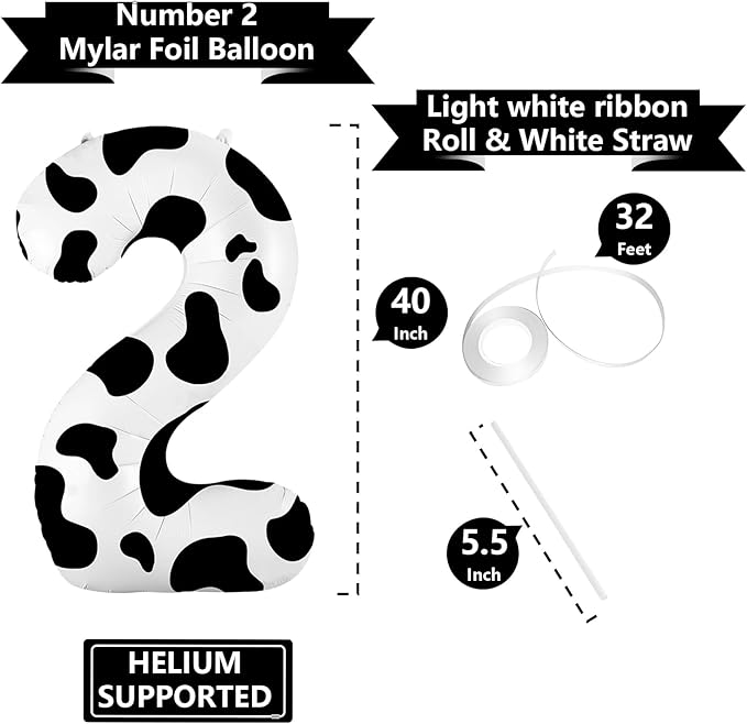 40 Inch Cow Print Balloon, Number 2 balloons Cow Balloons for 1st birthday decoration, Large Cow Number Balloons for western party decorations Baby Shower Animal Theme Party Holiday Decor