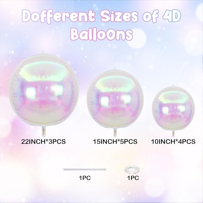12PCS Iridescent Round Foil Balloons, 22" 15" 10" Large 4D Ball Balloons Holographic Mirror Sphere Balloon for Wedding Baby Shower Mermaid Princess Birthday Party Ceiling Decorations