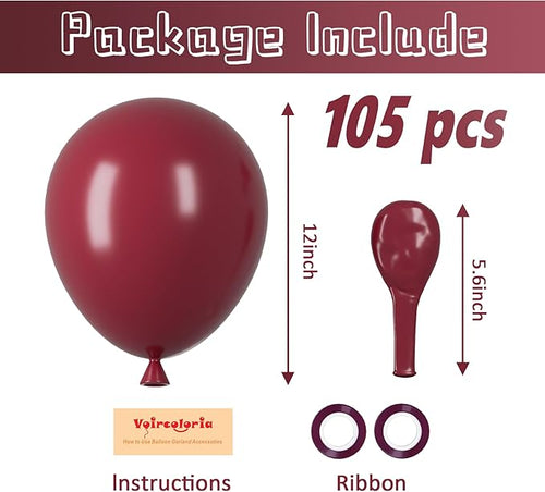 105pcs Burgundy Balloons 12inch Maroon Party Latex Balloons for Birthday, Graduation, Baby Shower,Wedding, Anniversary Valentines Party Decorations