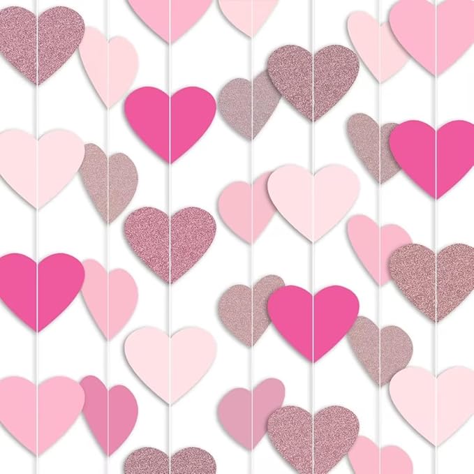 Hot-Pink Rose-Gold Heart Garland Hanging Decorations, 52 Feet, Hanging Streamers for Valentine, Wedding, Birthday Parties, Mother's Day, Bridal Showersal, Bachelorette Party (Hot-Pink Rose-Gold)