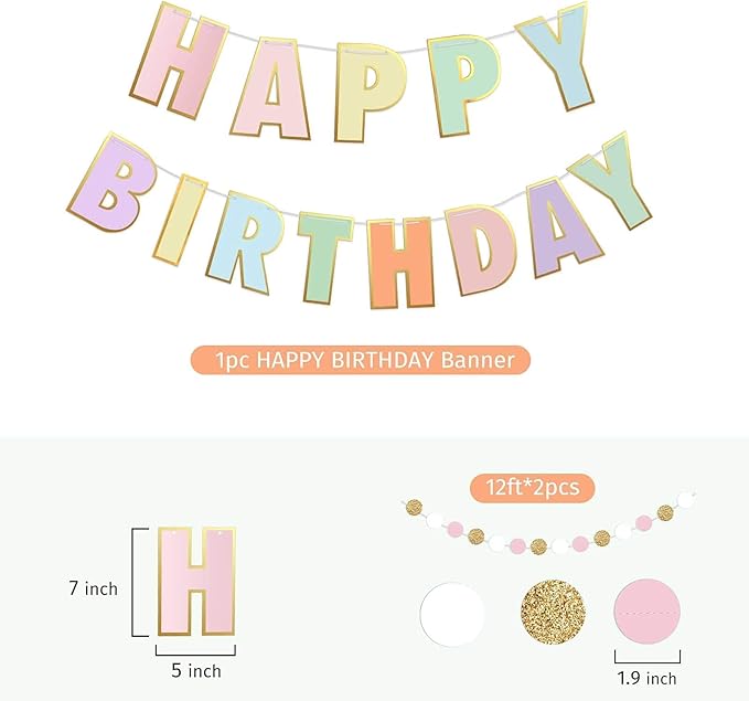 Pre-Strung Happy Birthday Banner and Decorations-Girls Toddler Birthday Decorations-Happy Birthday Banner and Dot Garland Pastel Colors