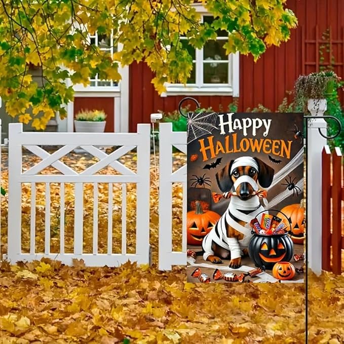 Halloween Garden Flag Mummy Dog Pumpkin Candy Bucket 12x18 Inch Double SidedOutdoor Yard Banner for Trick or Treat Haunted House Spooky Small Holiday Decoration Decor