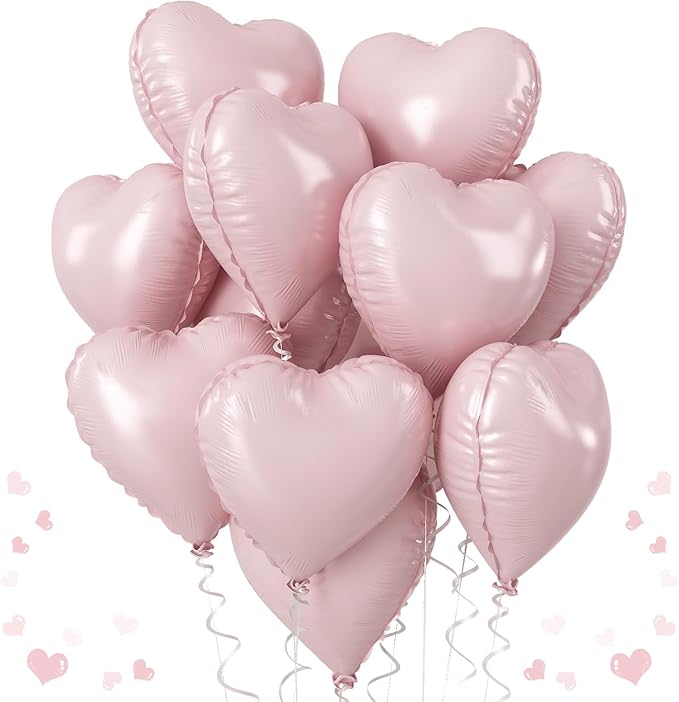 Baby Pink Heart Balloons, 18 Inch Pink Heart Balloons, 12Pcs Large Pearl Pink Heart Shape Foil Balloons, Pastel Pink Helium Foil Balloons for Boho Girls Women Birthday Wedding Baby Shower Valentines
