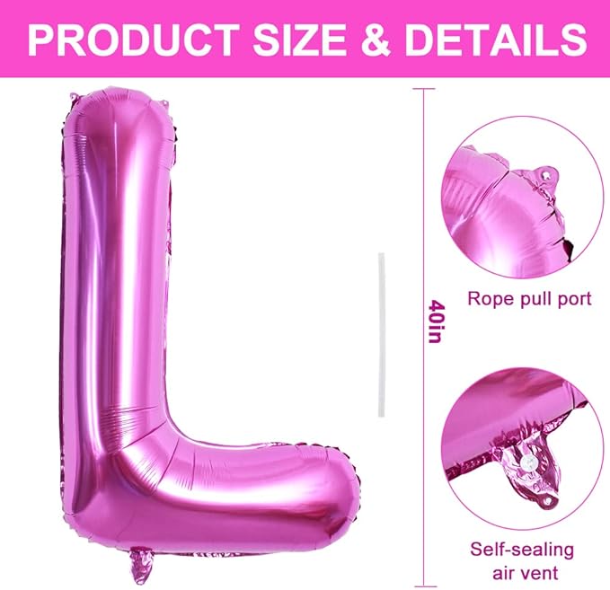 TONIFUL 40 Inch Large Rose Red Letter L Balloons Giant Hot Pink Alphabet Letter Balloons,Foil Mylar Big Balloons for Birthday Party Anniversary Supplies Decorations