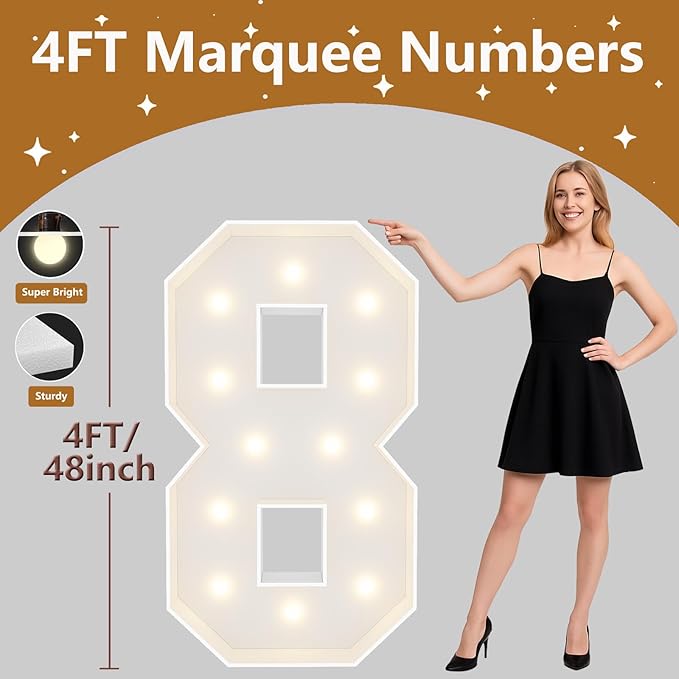 4FT Marquee Light Up Numbers, Giant Marquee Numbers, Pre-cut DIY Foam Board Number 8 for Happy 18th Birthday Decorations, 80th Birthday Decor for Women Men, Anniversary Decor