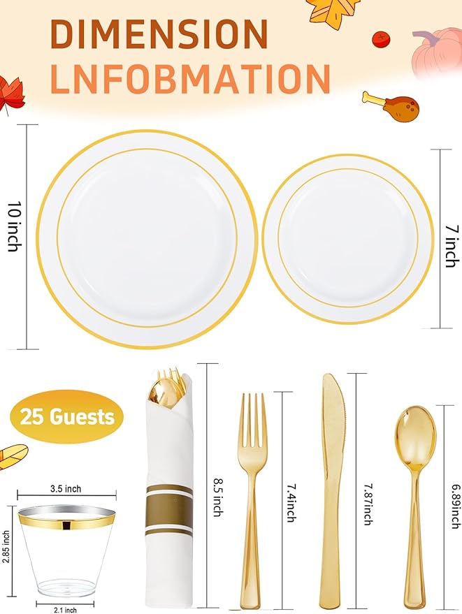 175PCS White and Gold Plastic Plates - Gold Plates with Rolled Napkins for Party - 25Guest Disposable Dinnerware Sets for Wedding Baby Shower Spring Birthday