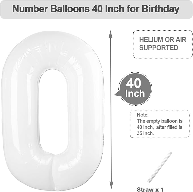 40 Inch Numbers Balloon, White Balloons for Birthday Party Decoration, Foil Number 0 Ballon for 0, 10, 20, 100, 2026 Celebration, Birthday, Baby Shower, Anniversary Decor