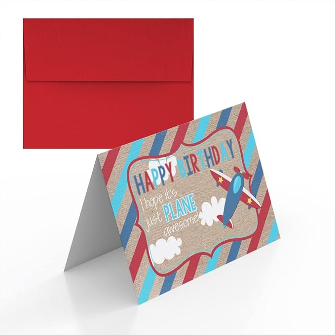Plane Awesome Airplane Birthday Pun Themed Single (1) All Occasion Blank Birthday Card To Send To Friends & Family, 4"x 6" (when folded) Fill In Greeting Note Card by AmandaCreation