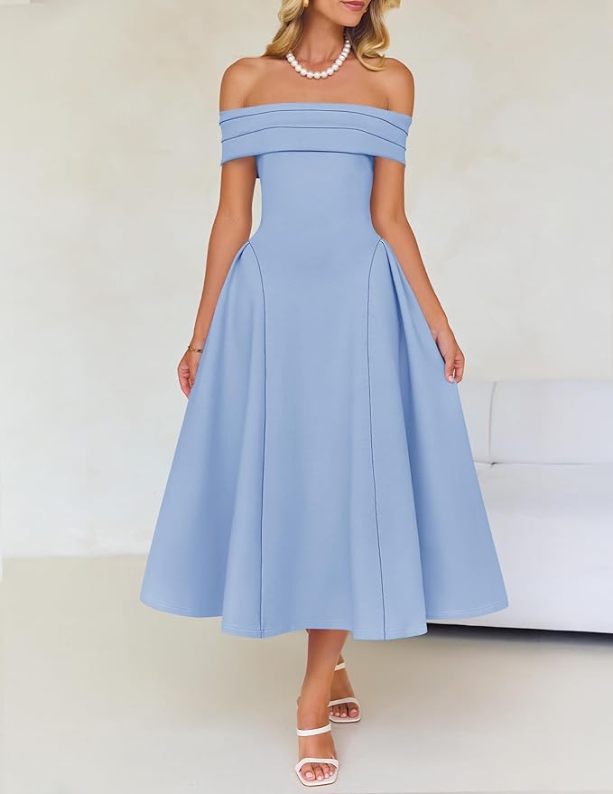 ZESICA Summer 2026 Cocktail Dresses for Women's Off Shoulder Short Sleeve Swing A Line Wedding Evening Party Midi Dress