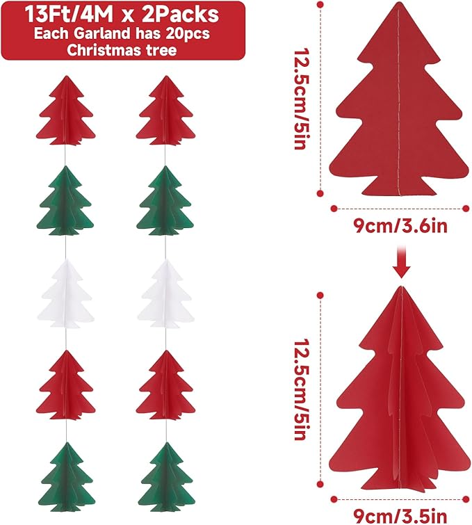 GCQQ 3D Paper Christmas Tree Garlands - 2 Packs Red White Green Hanging Streamer Decorations Garland for Christmas New Year Holiday Party Office Classroom Wall Indoor Outdoor Decoration Banner